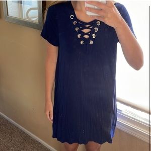 navy t-shirt dress with cross tie front